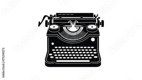 Vintage black typewriter machine isolated on white background for creative writing and nostalgia