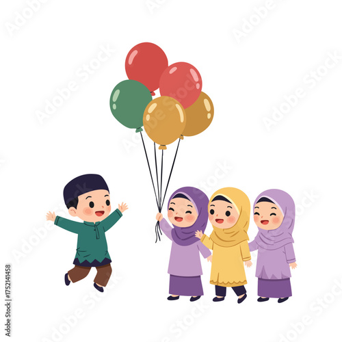 Cute chibi Muslim kids holding colorful balloons after Qur’an class.
