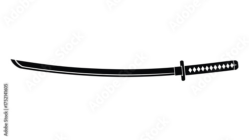 Black silhouette of a traditional japanese katana sword on a white background