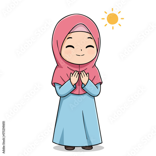 Chibi Muslim girl in bright pink hijab and long sky-blue dress standing with hands raised in prayer