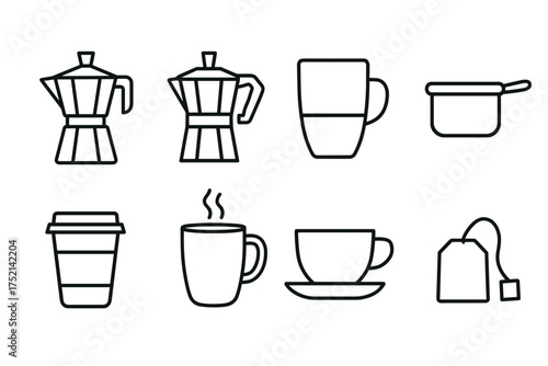 Outline vector icons of coffee and tea: kettle, cup, mug, teabag — set of modern line style icons, transparent background.  
