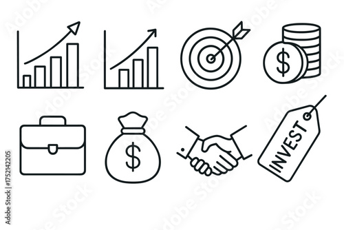 Outline vector icons of investor relations: charts, money, briefcase, handshake  