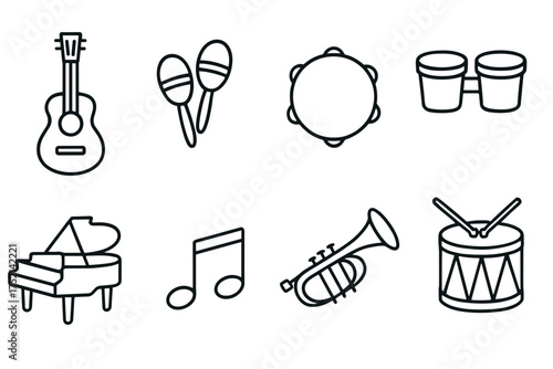 Outline vector icons of musical instruments: guitar, tambourine, trumpet, drum, piano, maracas, notes, conga — set of modern line style icons, transparent background.  