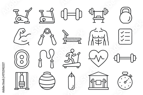 Outline vector icons of gym equipment: weights, treadmill, heart rate — set of modern line style icons, transparent background.  