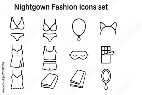 Outline vector icons of nightgown fashion: lingerie, sleepwear, accessories — set of modern line style icons, transparent background.  