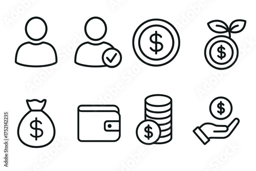 Outline vector icons of people and money: user, wallet, coins, cash, plant  