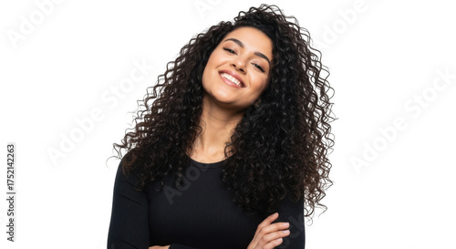 Smiling woman with curly hair in black top isolated on transparent background