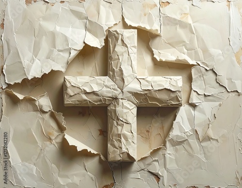 A light-toned, torn paper image. A textured cross appears as the central element. The background features peeling layers of paper and visible imperfections