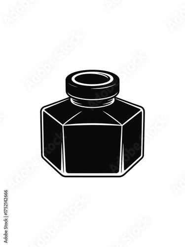 Classic hexagonal black inkwell with a cap isolated on a white background