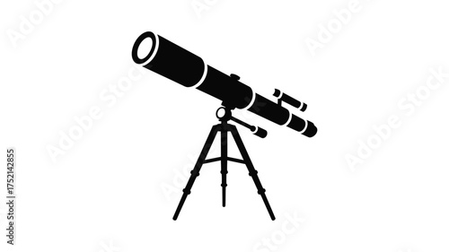 Black silhouette of a refracting telescope mounted on a tripod against a white background