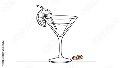 A line art illustration of a cocktail, garnished with a citrus slice and straw. Two small snacks sit nearby