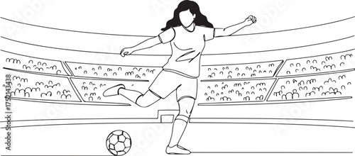 Continuous one line drawing of a female football striker kicking the ball to score a goal in a national stadium. Minimalist soccer sport competition design in single line vector illustration style.