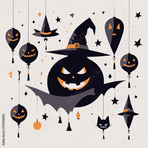 Spooky Halloween Decorations Featuring Jack O Lanterns Witch Hats and Bat Silhouettes