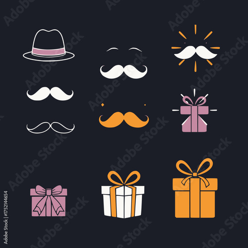 Collection of stylish flat icons representing fathers day symbols and gift boxes celebrating fathers day event