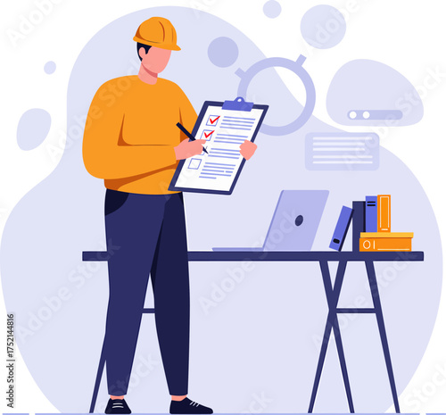 Construction worker reviewing checklist on clipboard at desk.
