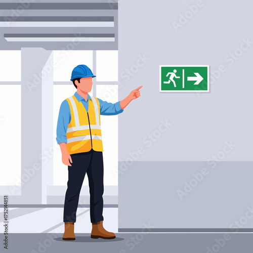 Construction worker pointing to an emergency exit sign in a building.
