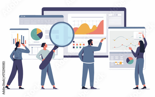 Modern team analyzing dynamic business data for strategic growth, visualizing charts and graphs for insights and collaborative success in a vibrant office