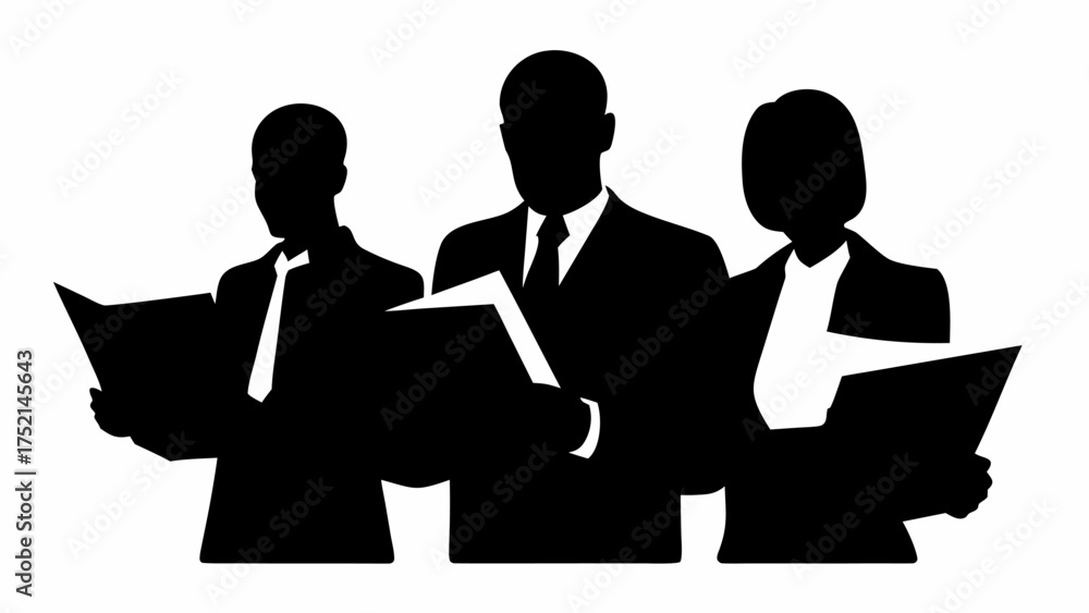 Fototapeta premium Silhouette of three business people in suits reading documents in black and white illustration style | editable eps vectors