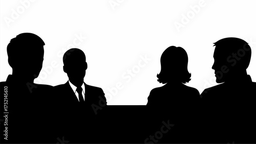Silhouette illustration of four people sitting at a table in a meeting or conference setting with white backdrop | editable eps vectors