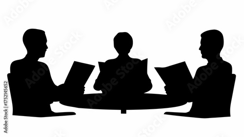 Three people sitting around a table reading documents in silhouette illustration design concept art | editable eps vectors