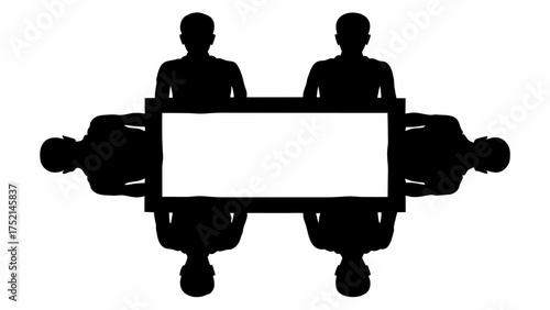 Silhouette of people sitting around a rectangular table in a meeting or conference setting black and white | editable eps vectors