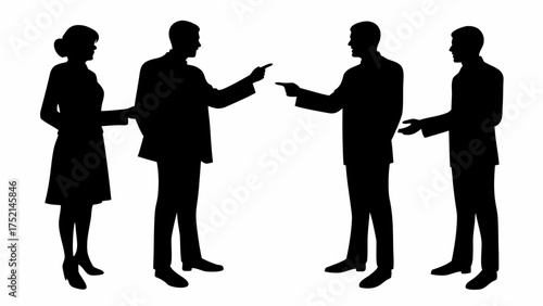 Silhouette illustration of four business people pointing fingers at each other in a disagreement scene | editable eps vectors