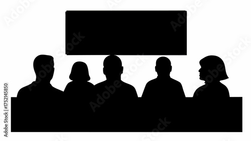 Silhouette of five people sitting in a row with a rectangular black shape above them against a white background | editable eps vectors