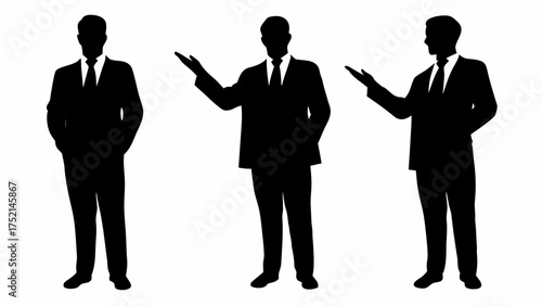 Three black silhouettes of businessmen in suits presenting or gesturing on a white background image view | editable eps vectors