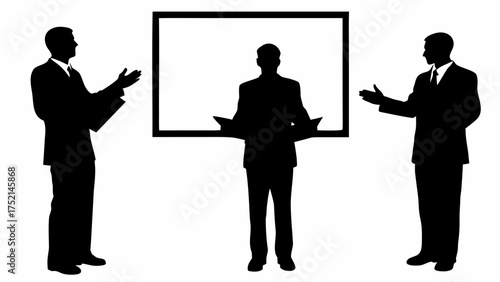 Silhouettes of three men in suits presenting near a whiteboard in a formal presentation setting scene | editable eps vectors