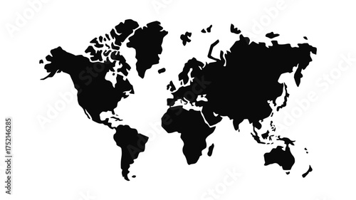 Abstract black and white world map illustration with a textured outline of continents