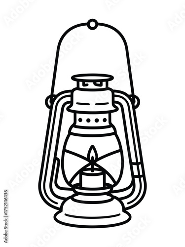 Vintage kerosene lantern with a glowing flame hand drawn line art illustration