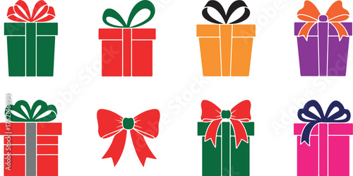 Collection of colorful gift boxes with festive ribbons and bows for celebrations and holidays