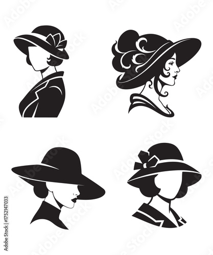 Stylish Women Silhouette Portraits in Elegant Wide Brim Hats Vector.