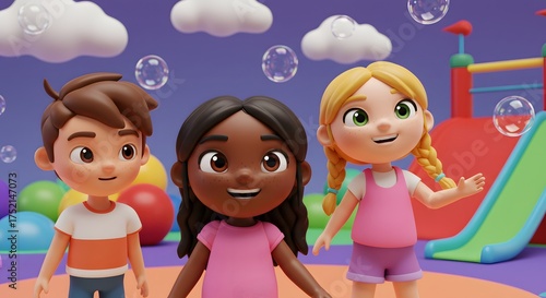 3D-rendered cartoon children on a colorful playground with floating bubbles