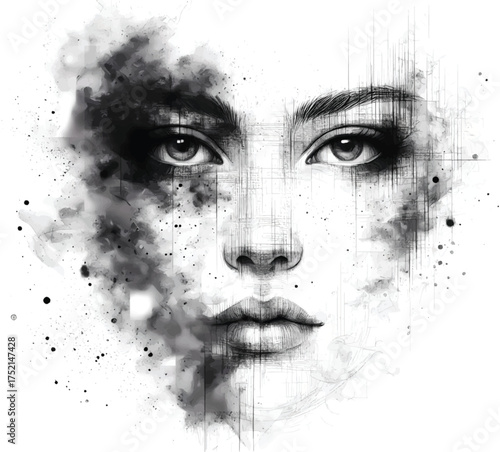  Monochrome portrait blending precise sketching with ink splashes and digital lines. Focused on a woman’s calm gaze, it combines texture and contrast to evoke mystery and creativity