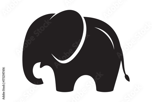 Simplified silhouette showcases a black elephant with rounded ears, trunk, and tail over transparent background