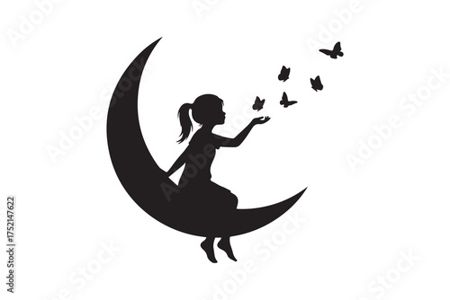 Silhouette of a girl with ponytail sitting on a crescent moon watching butterflies fly
