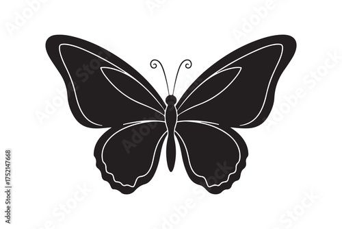 Black butterfly with intricate wing details presented on a white background in minimalist style