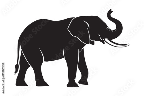 Imposing elephant silhouette stands tall with its trunk raised elegantly on a transparent backdrop