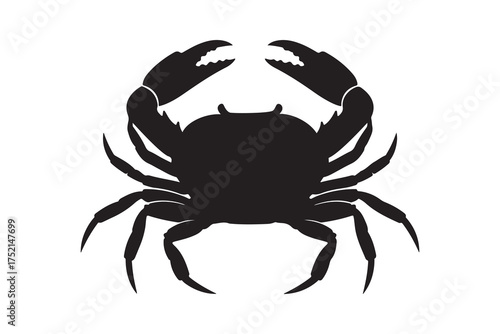 A stark black crab silhouette displays claws reaching upward on the white background
