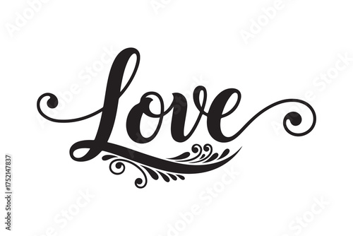 Black flowing calligraphy spells love above delicate flourishes on a white backdrop with transparency