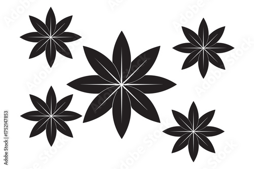 Five stylized black flower shapes with pointed petals float on a transparent background
