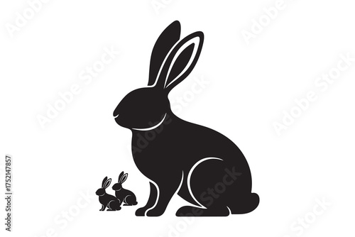Black silhouette shows a mother rabbit alongside her two baby bunnies clearly on display