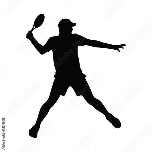 Silhouette of a male tennis player in action hitting a forehand shot on a white background