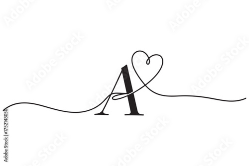 Elegant letter A is connected to a heart shape by continuous line on white