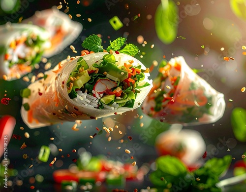 Fresh Spring Rolls with vibrant vegetables floating in the air: A delightful presentation of Vietnamese spring rolls, bursting with fresh ingredients and a light, refreshing appeal. 
