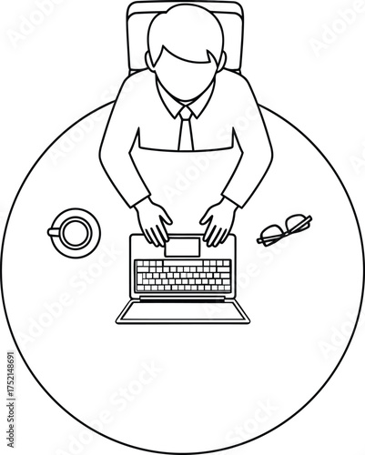 a man working on a laptop at a round table, with a cup of coffee and glasses nearby in outline style