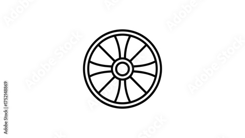 Simple line art icon of a stylized wheel with spokes and a central hub