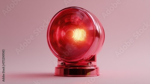 A close-up showcases a glossy, red, dome-shaped light fixture, illuminated from within with a bright yellow glow, mounted on a matching base