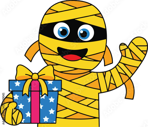 Cartoon mummy holding a gift box cute illustration for Halloween or birthday isolated on white background